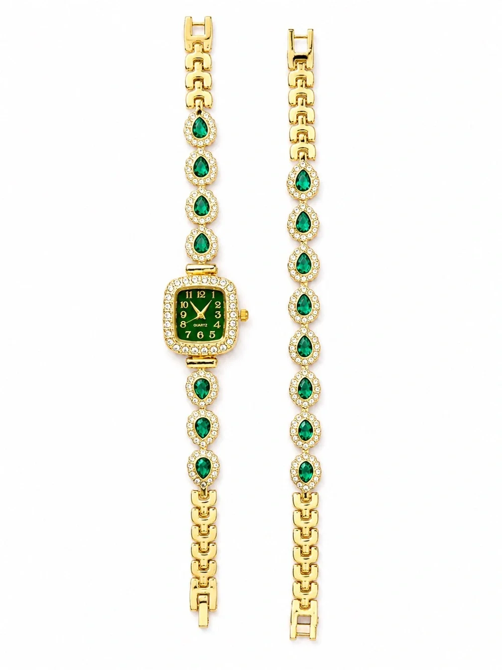 Gold-Tone Green Crystal Bracelet Watch - Women's Fashion Accessory